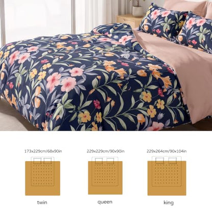 Blue Botanical Floral Cotton Duvet Cover Set 3 Piece King Size
