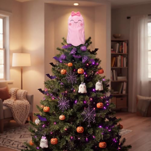 Pink Halloween Ghost Tree Topper 10 Inch Velvet Ornament for Christmas & Fall Decor