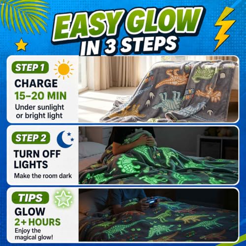 Dinosaur Glow in the Dark Blanket for Boys 50x60 Inches - Kids Bed & Travel Throw