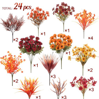 Artificial Fall Flowers Bundle for Outdoor Decor - Wine Orange, 19 Bundles