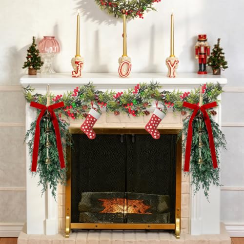 4 Pack Christmas Cedar Teardrop Swags with Velvet Ribbons & Bells - Burgundy