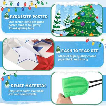 Faccito Pin The Star on The Christmas Tree Game Christmas Games for Party Xmas Games with Large Poster Sticker Blindfold Pin The Christmas Game for Holiday Group Family Winter Activities Supplies
