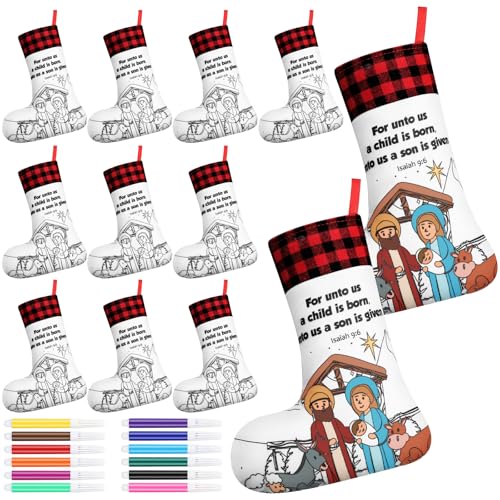 Religious Christmas Stockings DIY Craft Kit with Coloring Pens - 15 Pcs