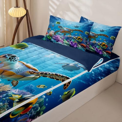 Teal Blue Sea Turtle Zipper Bedding Set Queen Ocean Nautical Bed in a Bag