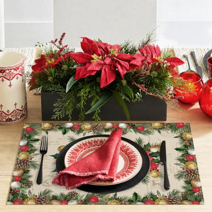 Christmas Poinsettia Placemat Set of 4 - 12x18 Inch Holiday Table Decor