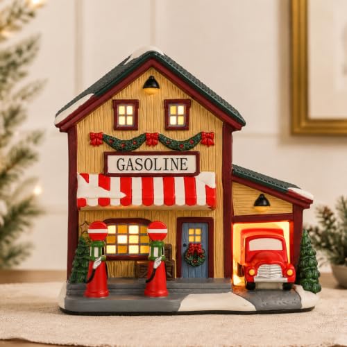 Ceramic Christmas Village House with Light-Up Gas Station - Holiday Decor - Variation of Gas Station