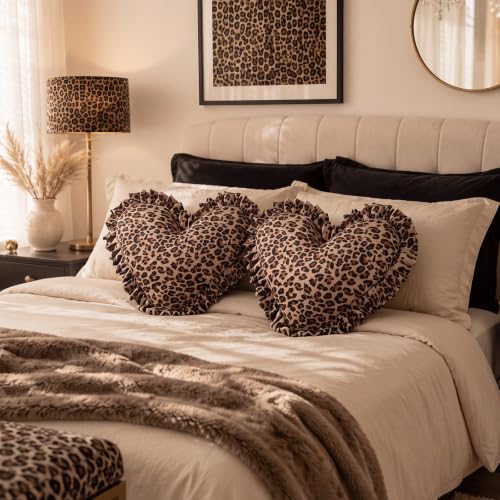 Fumete 2 Pcs Leopard Heart Pillow Set - Ruffles Brown 16 Inch