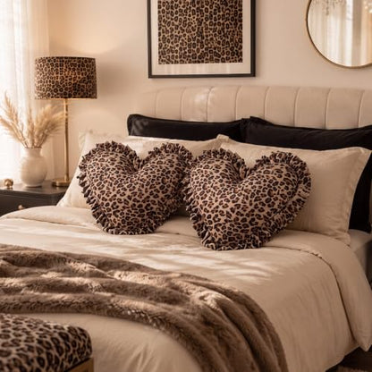 Fumete 2 Pcs Leopard Heart Pillow Set - Ruffles Brown 16 Inch