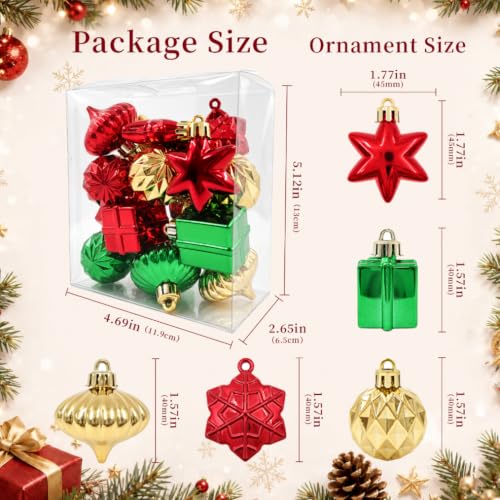 Emberlane Christmas Tree Ornaments Set - Red, Green, Gold Mixed Shapes, 1.57"