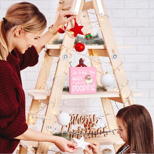 Pink Christmas Bathroom Decor - Xmas Shelf Sign with Santa Hat - Farmhouse Office Bedroom