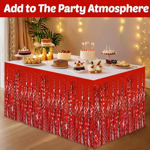 Red Foil Fringe Table Skirt 29x108 Inches Party Decorations for Weddings, Mardi Gras & Events - 6 Pack