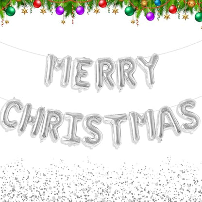 Silver Christmas Balloons Banner - 14 Letter Foil Decorations for Holiday Party