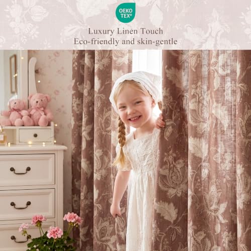 Terracotta Floral Linen Curtains 84 inches - Pack of 2, 52"W x 84"L