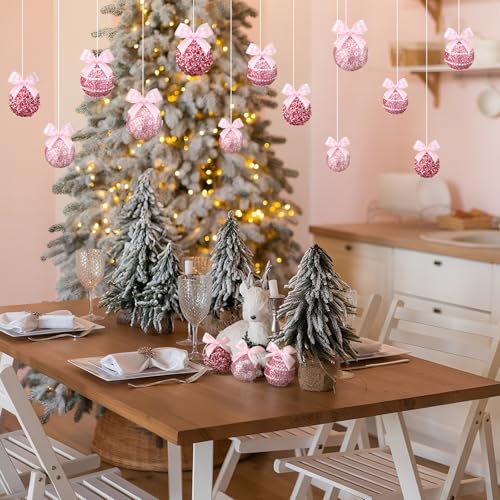 Pink Glitter Christmas Ball Ornaments Set - 12 Pack with Bow - Holiday Decor
