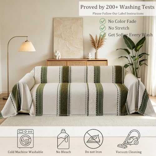 Boho Green Couch Cover for Sofa - Washable Pet-Friendly 2 Cushion Size