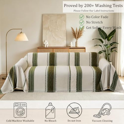 Boho Green Couch Cover for Sofa - Washable Pet-Friendly 2 Cushion Size