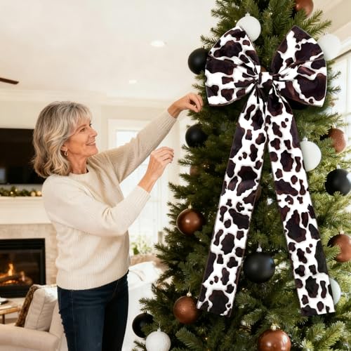 Large Cow Print Christmas Tree Topper Bow - Rustic Western Holiday Decor