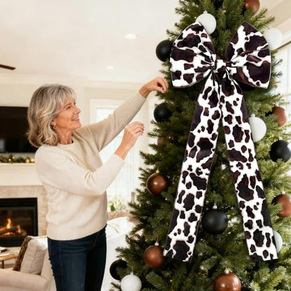 Large Cow Print Christmas Tree Topper Bow - Rustic Western Holiday Decor