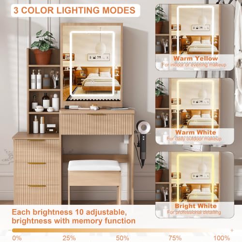 Dressing Table Set with Mirror & Lights, Vanity Desk with 4 Drawers, Hidden Storage, Charging Station - Natural Oak