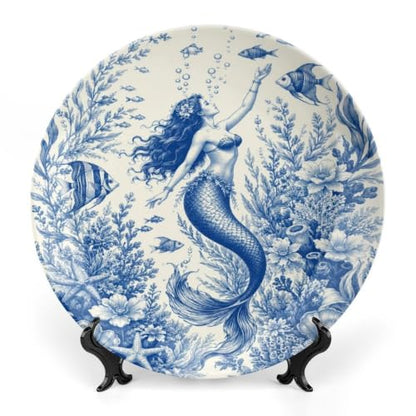 Mermaid Underwater Floral Bone China Decorative Plate 8 Inch Wall & Stand Display