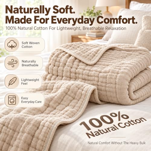6-Layer Cotton Muslin Blanket - Gray 90x90in, Lightweight & Breathable