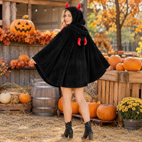 Women's Devil Horn Hooded Fleece Cape Poncho Halloween Costume - Black