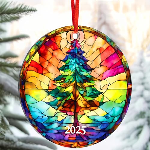 2025 Christmas Tree Ornaments Acrylic Faux Stained Glass Effect Gift Set - Tree Variation