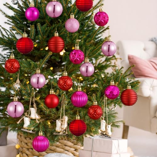 Romantic Hot Pink & Red Christmas Ball Ornaments Set - 72 Bulk Holiday Decorations