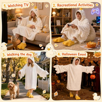 Adult Duck Onesie Wearable Blanket Pajamas with Slippers - White Medium