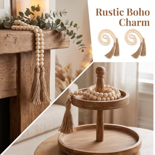 Farmhouse Wood Bead Garland with Tassels - Rustic Home Decor, 35 Inches