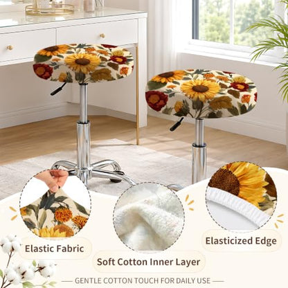 Sunflower Floral Round Stool Cover 12-15 Inch Fits Bar & Kitchen Seats - 2PCS