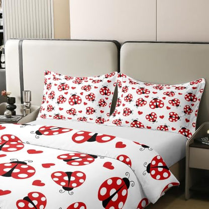 Red Ladybug Twin Bedding Set - Cotton Duvet Cover & Pillowcase, Girl Kids Room Decor