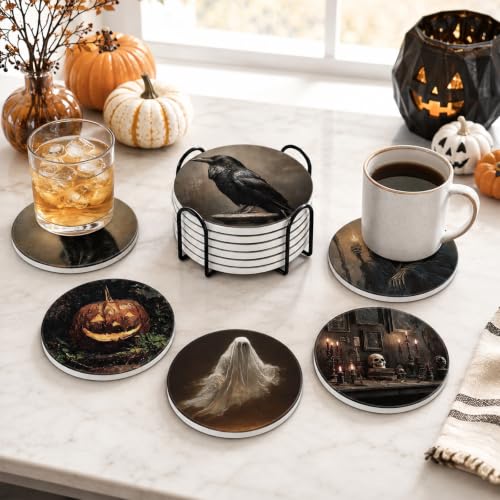 Halloween Ceramic Coasters Set with Stand - Gothic Dark Style, 6 Pieces