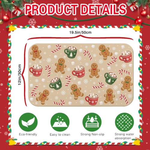 Beige Christmas Gingerbread Coffee Mat 19x12 Inches Anti-Slip Absorbent Counter Protector