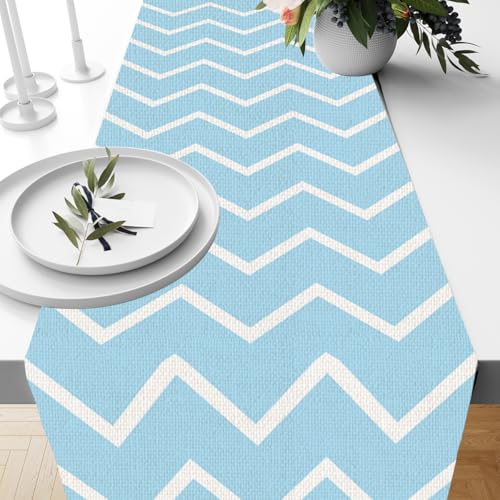 Wave Shape Table Runner - Indoor Outdoor Kitchen Dining Decor, 13 x 72 Inch - Blue