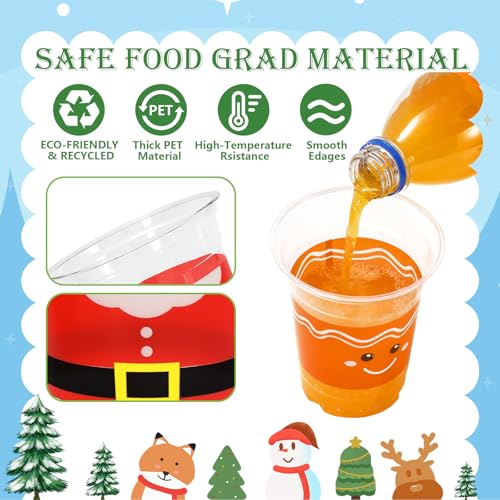 Christmas Disposable Plastic Cups 12oz with Santa Elf Snowman Gingerbread Design 100 Pack