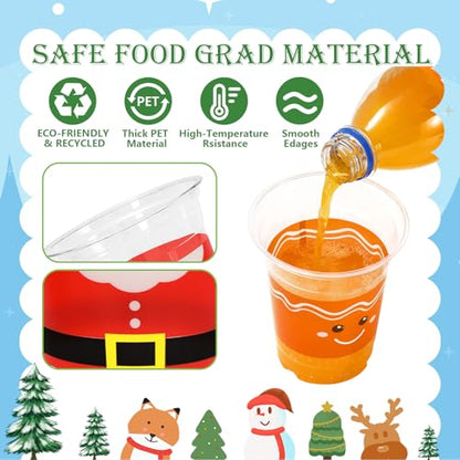 Christmas Disposable Plastic Cups 12oz with Santa Elf Snowman Gingerbread Design 100 Pack