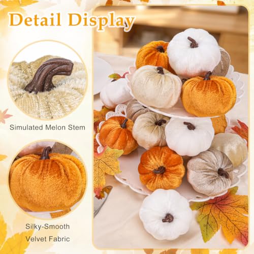 24 Pcs Rustic Fall Velvet Pumpkins Artificial Harvest Decor - Orange, Champagne, White & Khaki