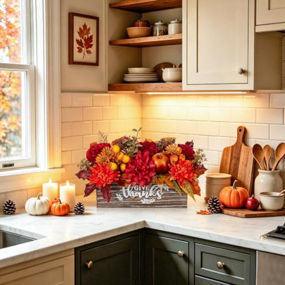 Fall Floral Centerpiece with Rustic Wooden Planter for Thanksgiving & Holiday Decor