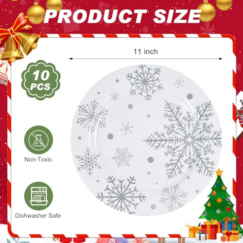 11 Inch Silver White Snowflake Christmas Plates Set of 10 - Winter Party Dinnerware