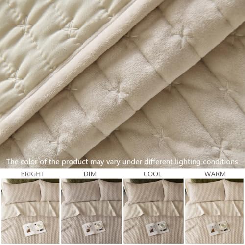 Velvet Queen Size Quilt Set 90x98 Inches Bedding with 2 Pillowcases Beige