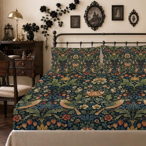 Berry Bird Lotus Pattern Floral Fitted Sheet Set King Size with Elastic Edges