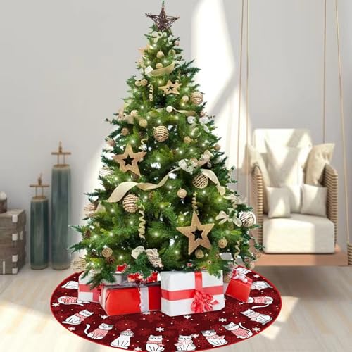 GAGEC Burgundy Christmas Tree Skirt 36 Inch for Indoor Outdoor Holiday Decor - Wine Red Cat Style