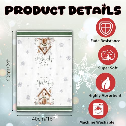 Christmas Kitchen Towels Set of 2 - Green 03, Reindeer & Wreath Design, 16x24 Inch Farmhouse Holiday Decor