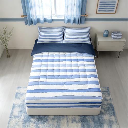 Kids Zipper Bedding Set - Watercolor Stripe Twin with Comforter & Sheets - Navy Blue Variation