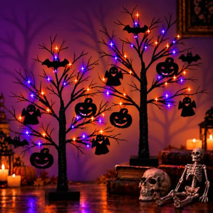 Black Halloween Tree Set with LED Lights - 2 Pack 24 Inch Spooky Decor