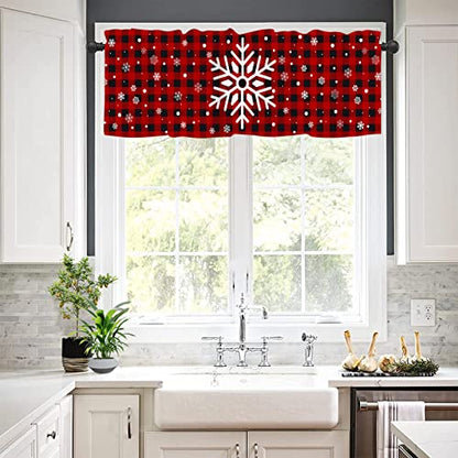 Snowflake Christmas Valance Curtain for Kitchen Window - Red Black Buffalo Check Plaid - 18x54 Inch - Pack of 1