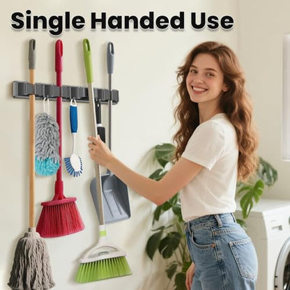 Wall Mount Broom and Mop Organizer with 4 Racks & 3 Hooks - Adjustable, Durable, Indoor Outdoor Storage