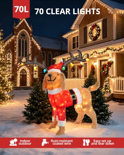 Lighted Christmas Dog Decoration with Santa Hat and Twinkling Lights - 33 Inch Outdoor Holiday Decor