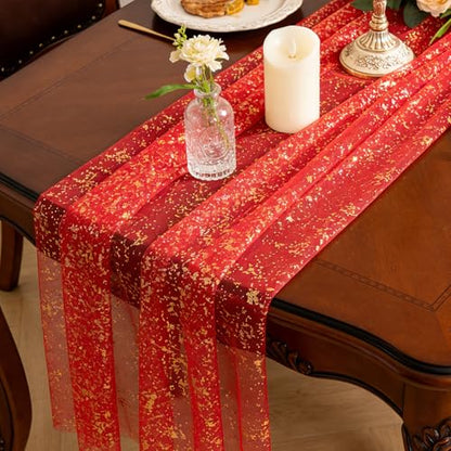 10FT Red Tulle Gauze Table Runner with Glitter Foil - Sparkly Party Decor